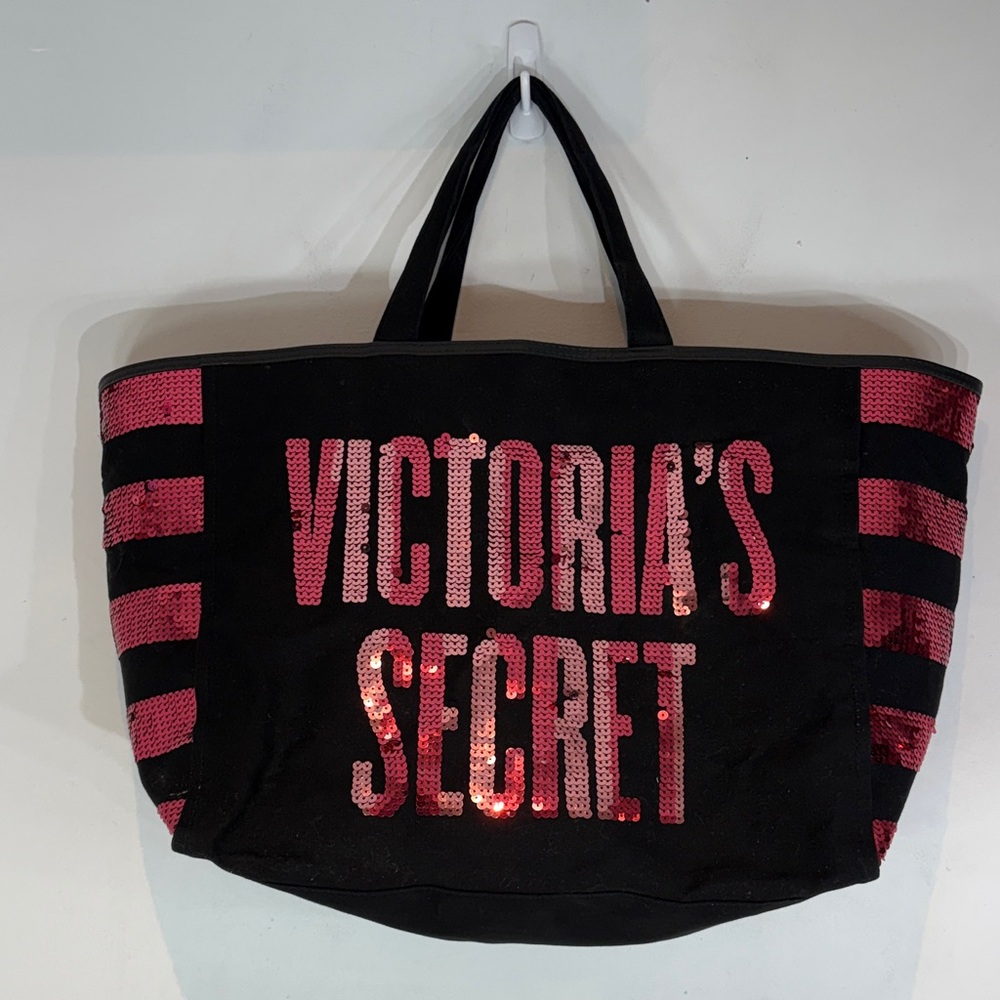 Victoria’s Secret Black Sequin Tote Bag – Sparkly Stripes Large